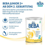 BEBA Junior 2+ mléčný nápoj od 2 let, S HMO, Obsah bílkovin odpovídající věku, Pouze laktóza, Bez palmového oleje, Bez rybího tuku, Výživa pro batolata, Sušené dětské mléko, Balení 3 ks (3 x 800 g)