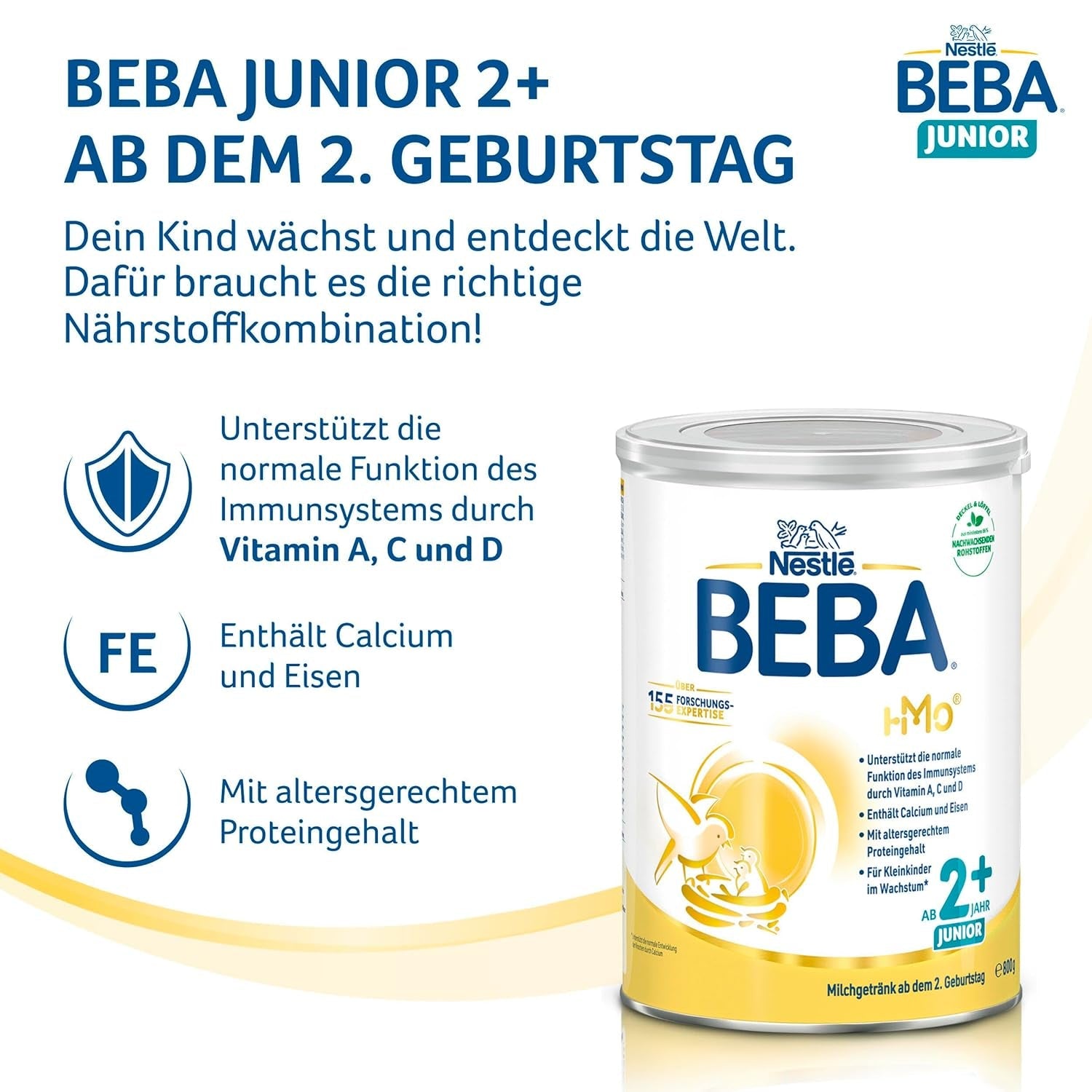 BEBA Junior 2+ mléčný nápoj od 2 let, S HMO, Obsah bílkovin odpovídající věku, Pouze laktóza, Bez palmového oleje, Bez rybího tuku, Výživa pro batolata, Sušené dětské mléko, Balení 3 ks (3 x 800 g)