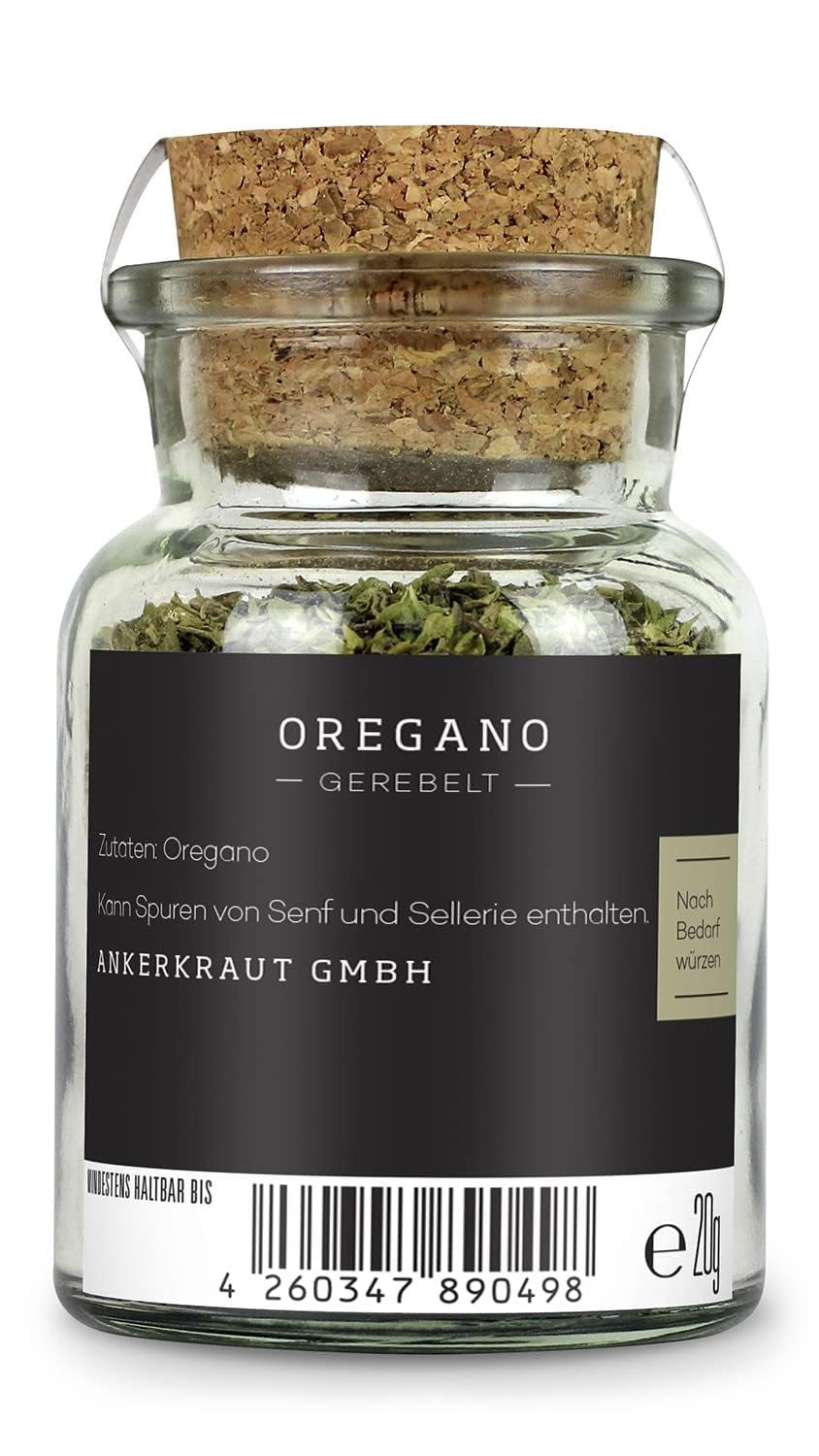 Ankerkraut Oregano Gewürz, sušený gerebelt, ideální pro Pizza polévka Rajčata a ryby, Kräuter zum Würzen, Středomořská kuchyně Küche für zu Hause, Lecker Kochen, 20 g im Korkenglas