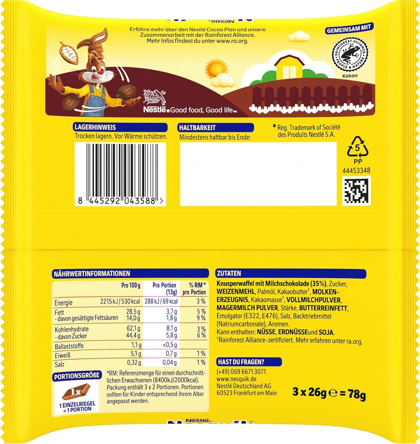 Nestlé Crunchy Waffle Delicious Mléčná čokoláda Vaflová tyčinka Multi Pack 1 balení (3 x 26 g každý)