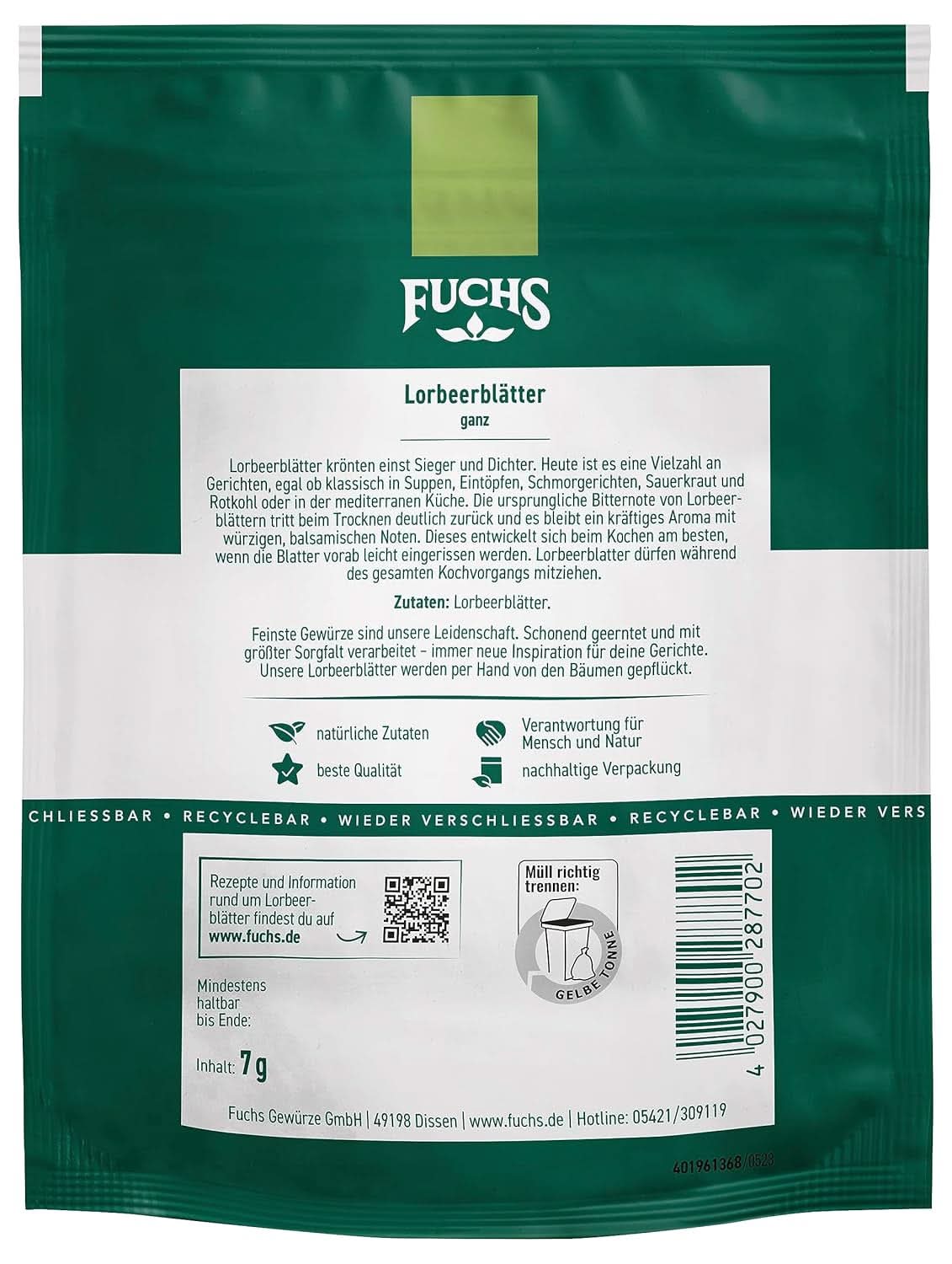 Fuchs - Bobkové listy v znovu uzavíratelném, recyklovatelném sáčku - vyrobeno z přírodních surovin - 7 gramů Condiments Naty Shop