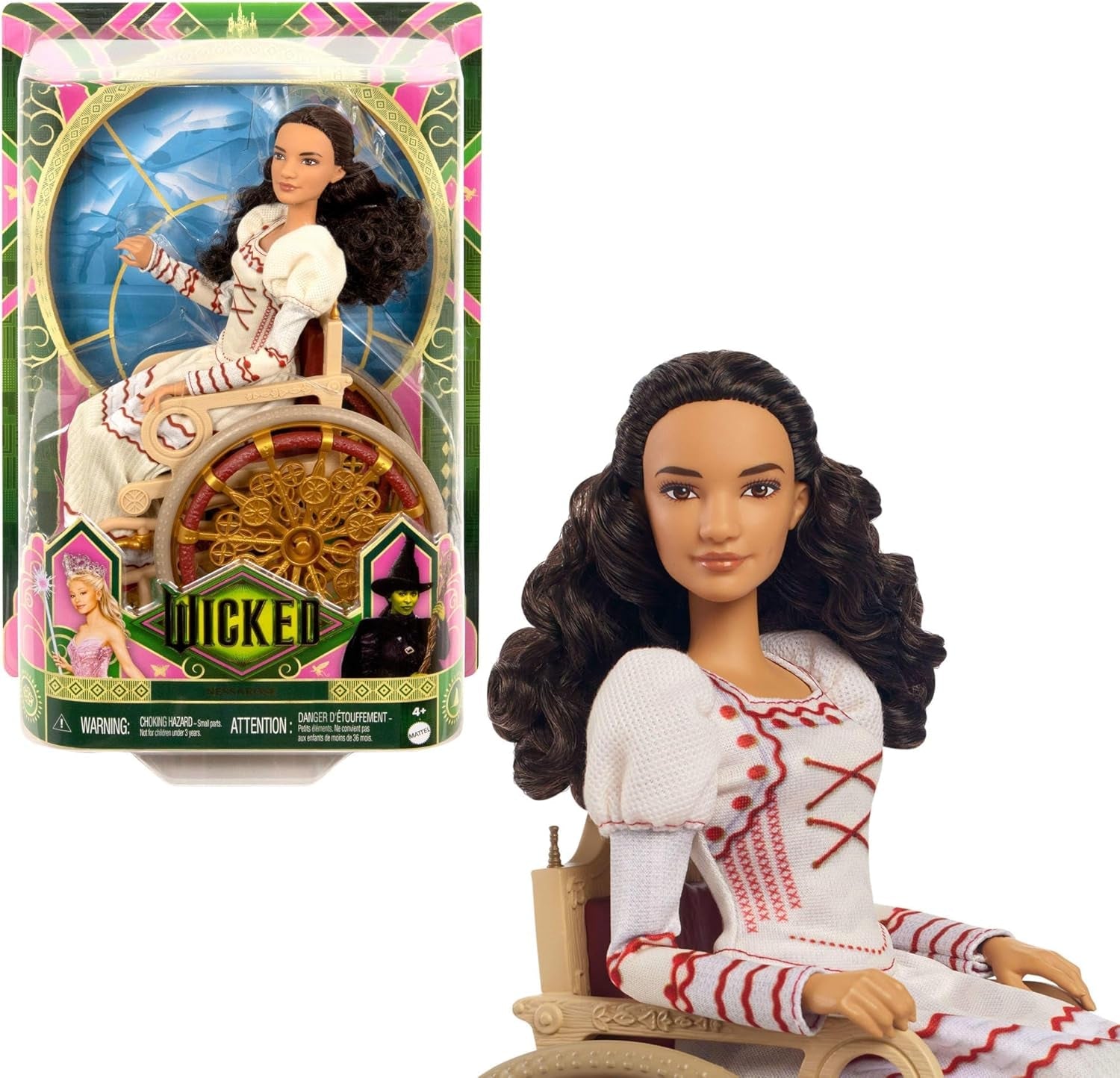 Módní panenka Mattel Wicked Nessarose a doplňky, včetně invalidního vozíku, s kudrnatými hnědými vlasy, různými pozicemi a odepínatelnými plesovými šaty, HXY36