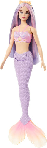 Panenka Barbie mořská víla s růžovými a lila ozdobnými vlasy a čelenkou, panenka s mušlí a levandulová panenka s modrým ocasem, panenky HRR06 Naty Shop