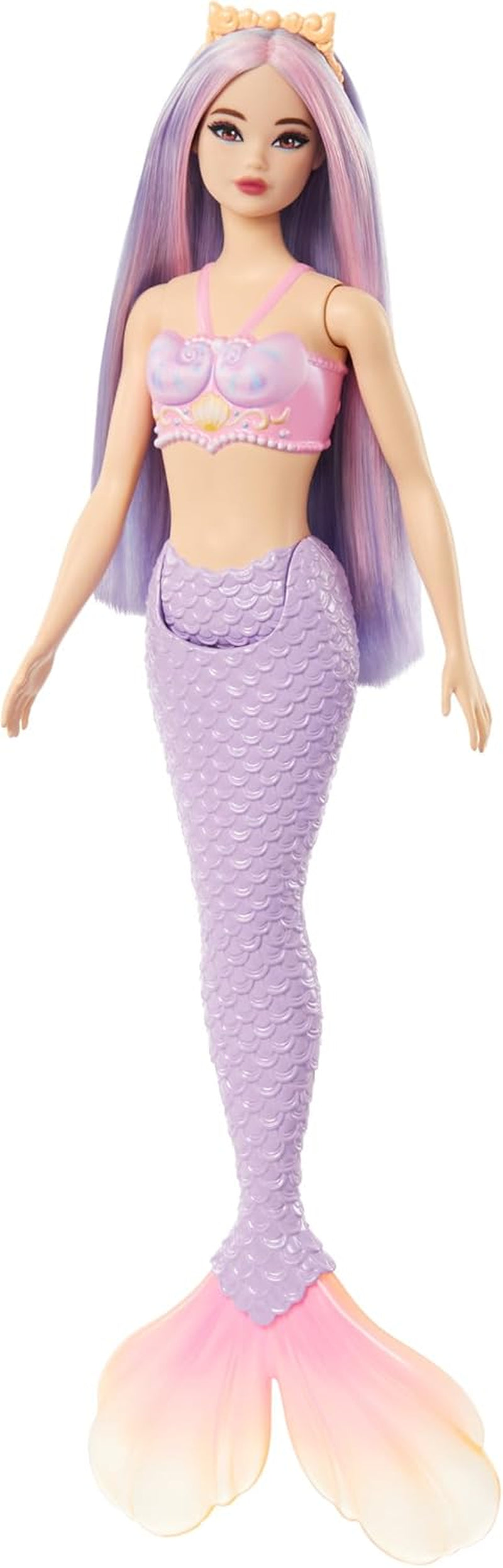 Panenka Barbie mořská víla s růžovými a lila ozdobnými vlasy a čelenkou, panenka s mušlí a levandulová panenka s modrým ocasem, panenky HRR06 Naty Shop