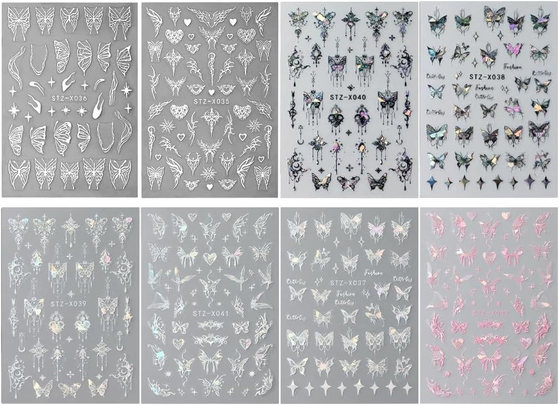 3D kovová samolepka na nehty Schwarz Schmetterling - Laser Pink Aurora Nagelaufkleber - Punk Butterfly Nail Art Stickers - Stříbrná samolepka na nehty - Nageldesign Zubehör