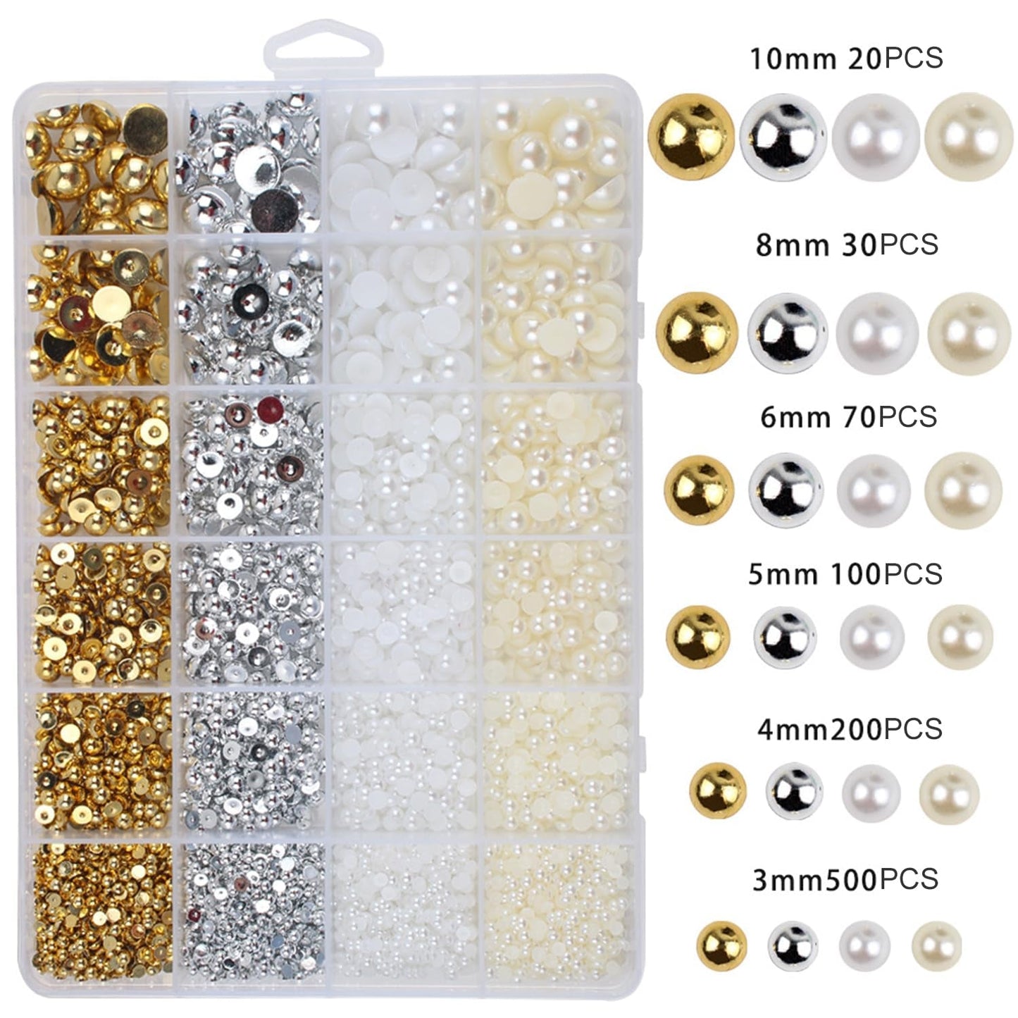 GZMAYUEN 920Pcs Zlatá Stříbrná Perlen s plochým zády pro nehty, Halbrunde Weiße Beige Perlen na nehty, Kleine Halbrunde Perlen s plochým zadním dílem Für DIY Nail Art Decor