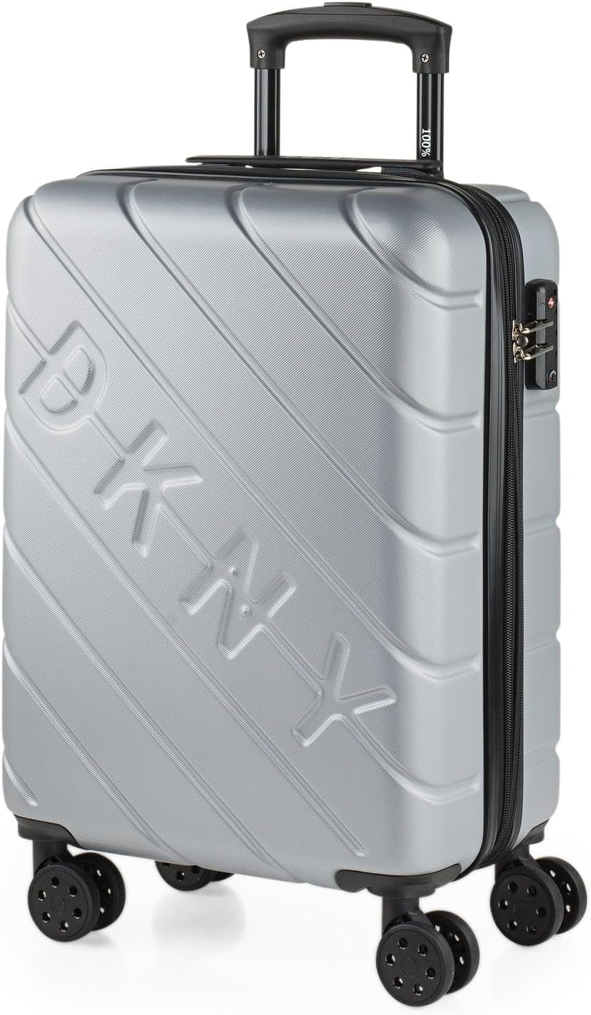 DKNY - Velký kufr na 4 kolečkách Velký lehký kufr - Velký cestovní kufr na kolečkách. Velký cestovní kufr do letadla Pevný skořepinový kufr s certifikovaným zavíráním - Velký kufr na kočárek Stříbrný Naty Shop Zavazadla a cestovní vybavení Stříbrný S
