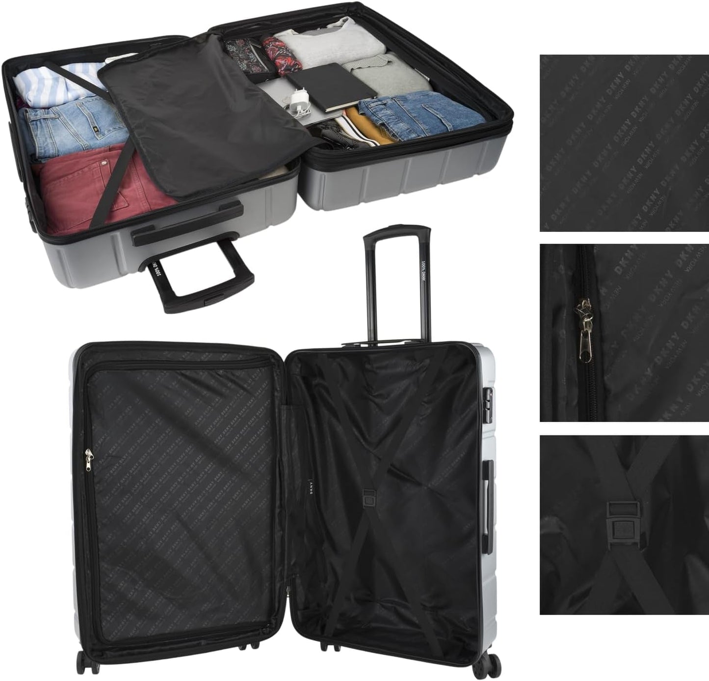 DKNY - Velký kufr na 4 kolečkách Velký lehký kufr - Velký cestovní kufr na kolečkách. Velký cestovní kufr do letadla Pevný skořepinový kufr s certifikovaným zavíráním - Velký kufr na kočárek Stříbrná zavazadla a cestovní potřeby Naty Shop