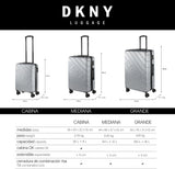 DKNY - Velký kufr na 4 kolečkách Velký lehký kufr - Velký cestovní kufr na kolečkách. Velký cestovní kufr do letadla Pevný skořepinový kufr s certifikovaným zavíráním - Velký kufr na kočárek Stříbrná zavazadla a cestovní potřeby Naty Shop