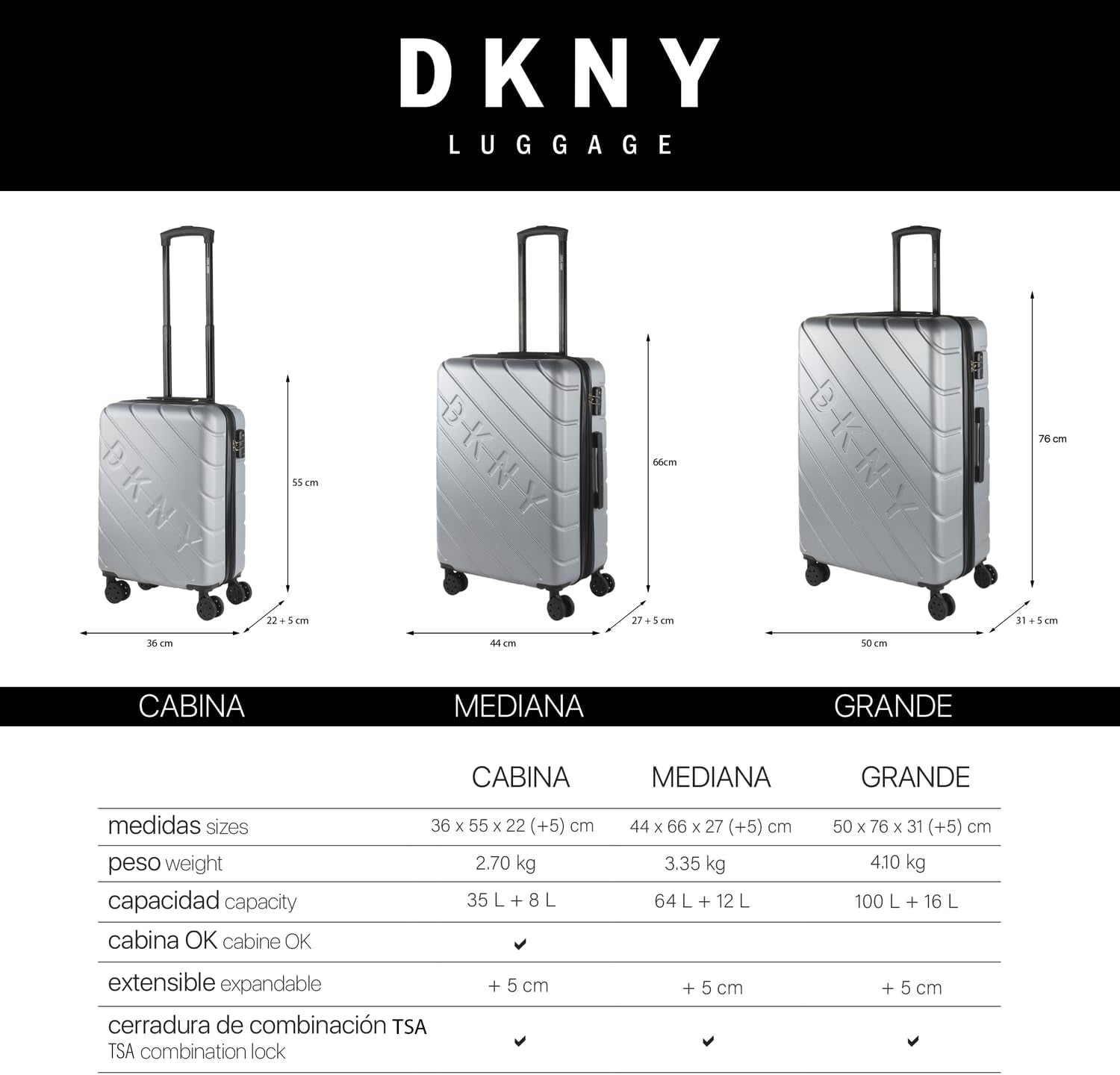 DKNY - Velký kufr na 4 kolečkách Velký lehký kufr - Velký cestovní kufr na kolečkách. Velký cestovní kufr do letadla Pevný skořepinový kufr s certifikovaným zavíráním - Velký kufr na kočárek Stříbrná zavazadla a cestovní potřeby Naty Shop