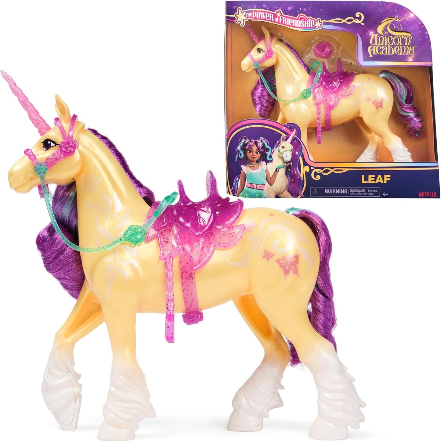 Unicorn Leaf Unicorn Academy - 28 cm vysoký originální jednorožec Ava ze série Netflix se skutečnou hřívou a ocasem, odnímatelnou uzdou a sedlem a kartáčem, pro děti od 4 let
