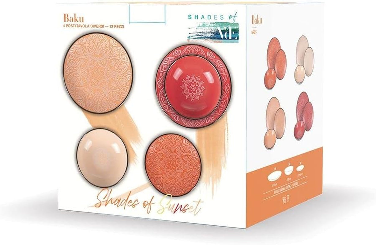 12dílná sada kameninového nádobí, 4 sady talířů ve 4 různých designech, Baku Sunset