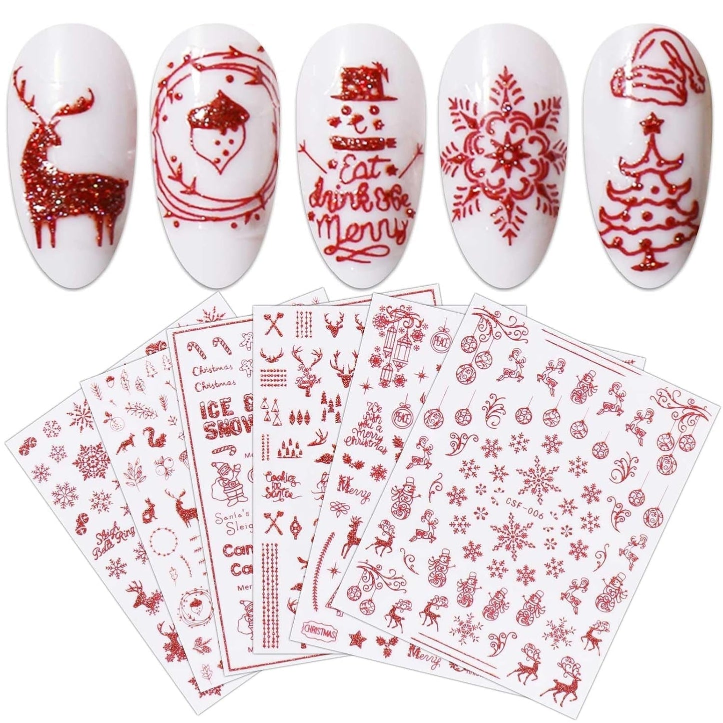 JMEOWIO Nagelsticker Weihnachten 9 Blatt Nail Art Sticker Selbtklebend Nagelaufkleber Schneeflocke Schneemann Festival Weißes Zlatá dekorace Nageldesign Zubehör