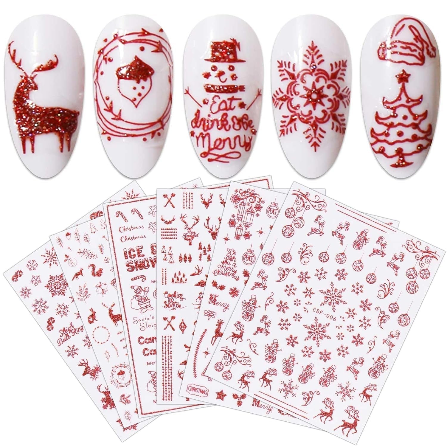 JMEOWIO Nagelsticker Weihnachten 9 Blatt Nail Art Sticker Selbtklebend Nagelaufkleber Schneeflocke Schneemann Festival Weißes Zlatá dekorace Nageldesign Zubehör
