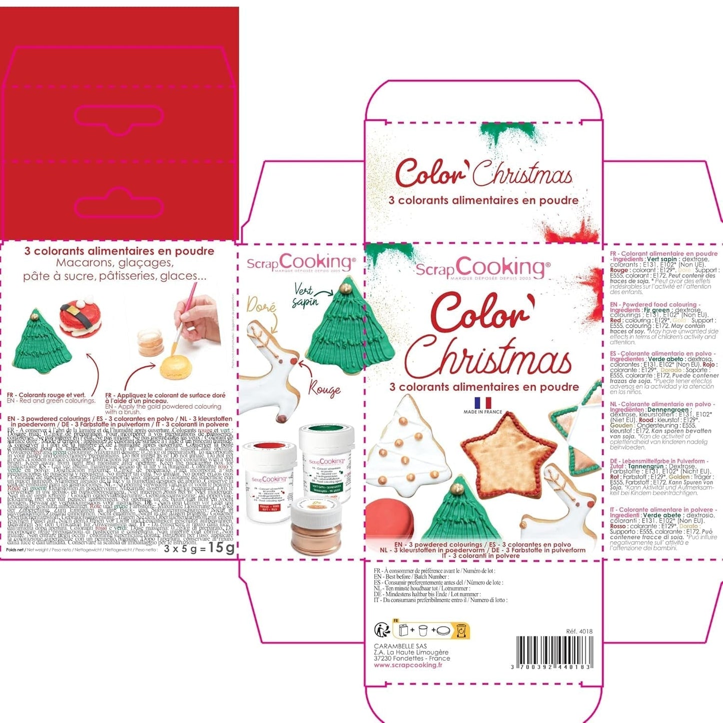 Scrapcooking - Sada 3 práškových vánočních potravinářských barviv - červená, zelená, zlatá - Jedlé potravinářské barvivo na pečení, dorty, sušenky, pečivo, těsto, fondán - vánoční ozdoby - 4018