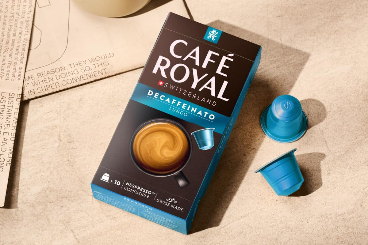 Café Royal Lungo Decaffeinato – kávové kapsle kompatibilní s Nespresso®, 100 % Arabica, Intensität 5/12, Rainforest Alliance, bez kofeinu, 100 kapslí