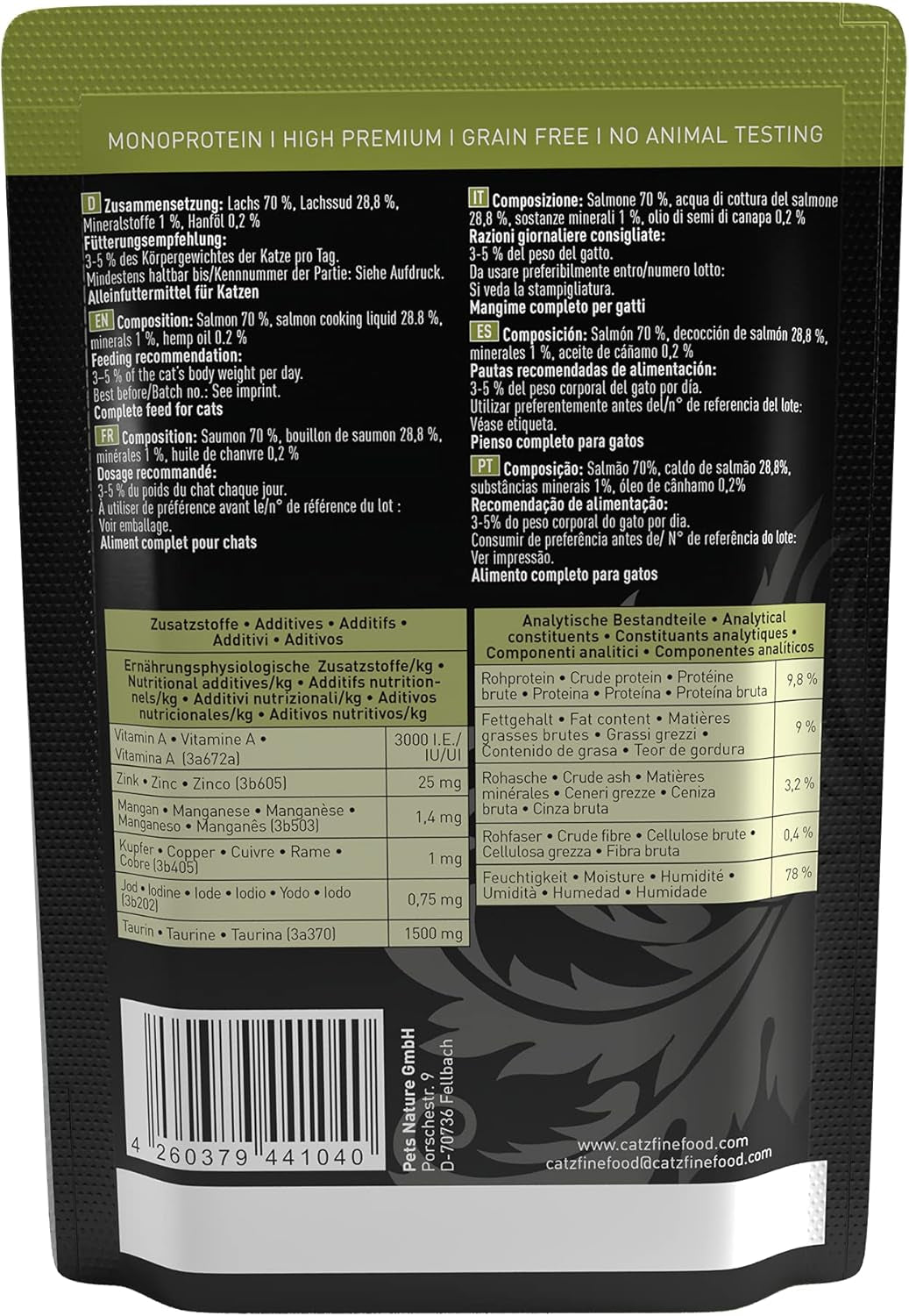 Mokré krmivo pro kočky Catz Finefood Purrrr s monoproteinem a lososem č. 105, pro kočky s citlivým zažíváním, 16 x 80 g