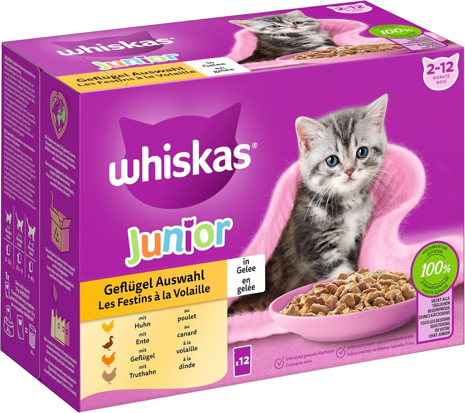WHISKAS Junior sáčky na mokré krmivo, více balení, výběr z drůbežího masa v želé, 12 x 85 g