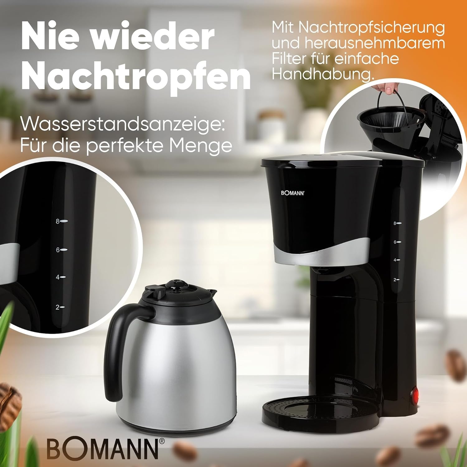 Kávovar Bomann® s termoskou | na 8-10 šálků kávy | bez teplotních ztrát | kávovar s filtrem | 1 litr | Espresso | Filtrační kávovar s termoskou | KA 168 černá