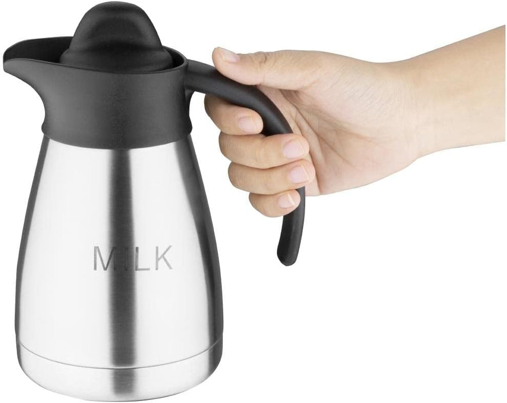 Olympia vakuový hrnek na mléko se šroubovacím uzávěrem, 500ml/17oz, nerezová ocel s černým víčkem, potisk mléka na boku, bufetové stanice na čaj a kávu, CL371