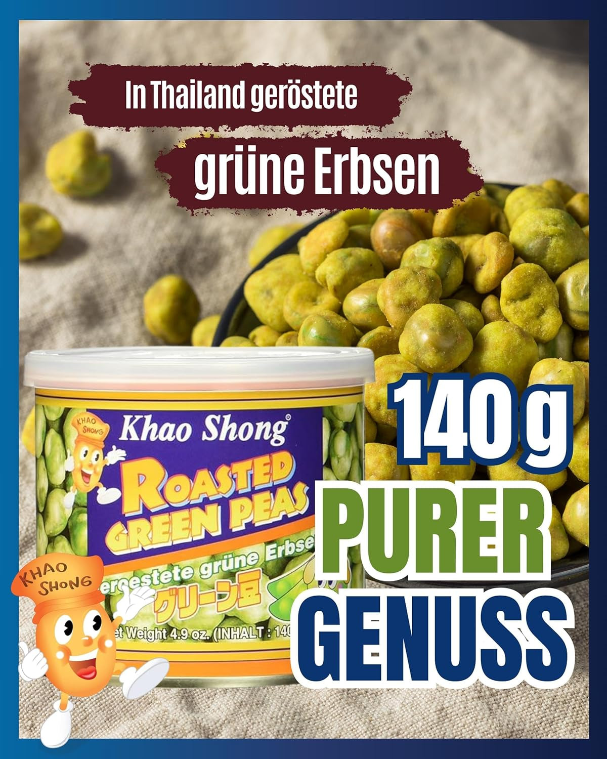 Khao Shong smažený zelený hrášek s wasabi, křupavý hrášek v pikantním těstíčku, nízkotučná alternativa k ořechům, středně pikantní, 1 plechovka 140 g | 140 g (1 balení)