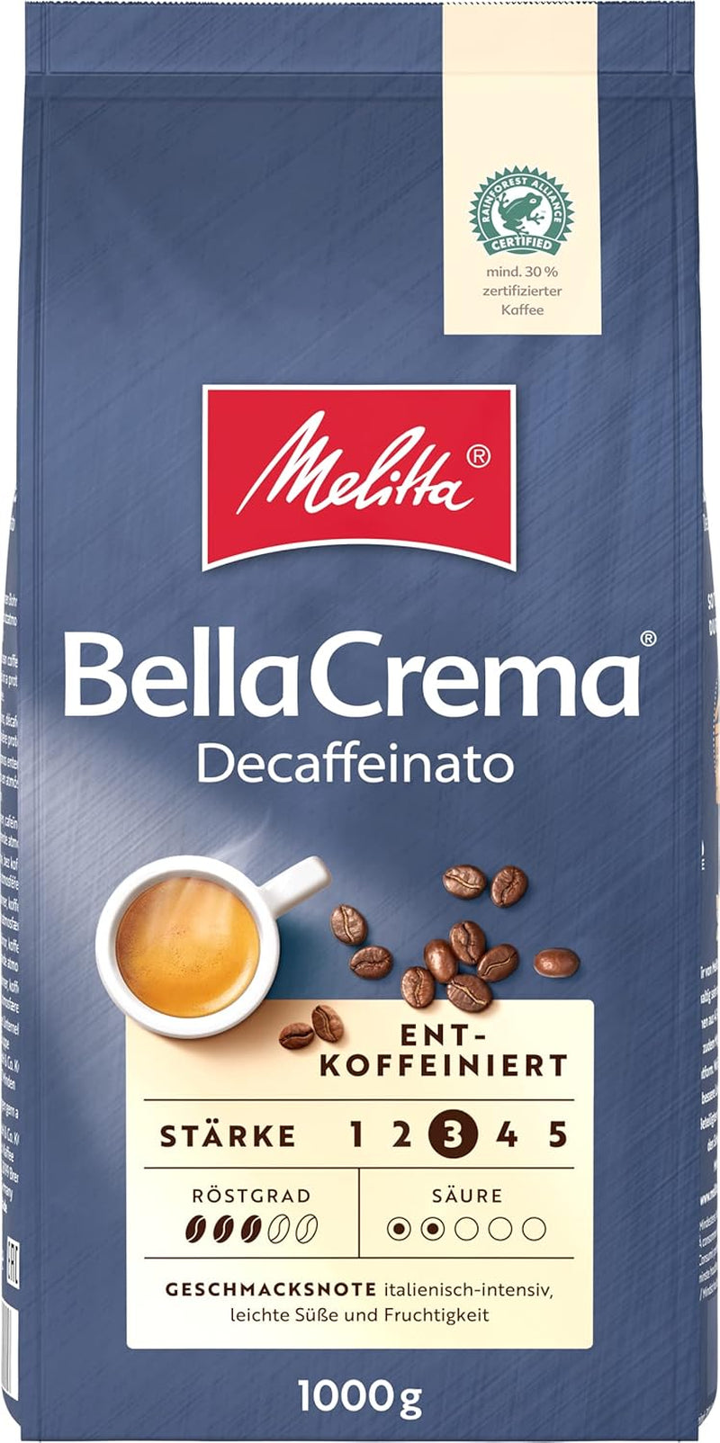 Melitta BellaCrema La Crema zrnková káva 1 kg a BellaCrema Decaffeinato zrnková káva bez kofeinu 1 kg
