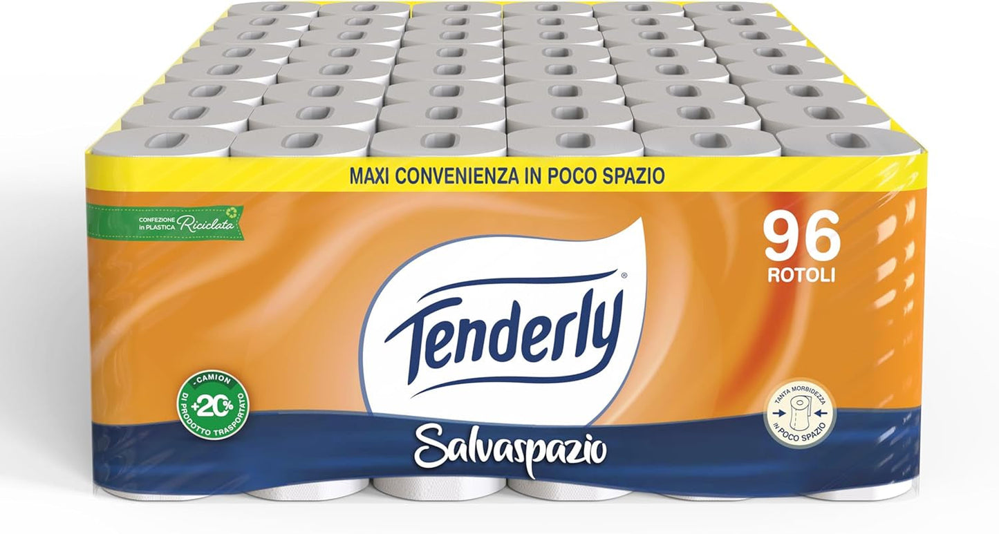 Úspora místa, 96 rolí toaletního papíru, 2 vrstvy, 220 slz na roli, S přírodními výtažky ze slézu a měsíčku, Made in Italy, Dermatologicky testováno.