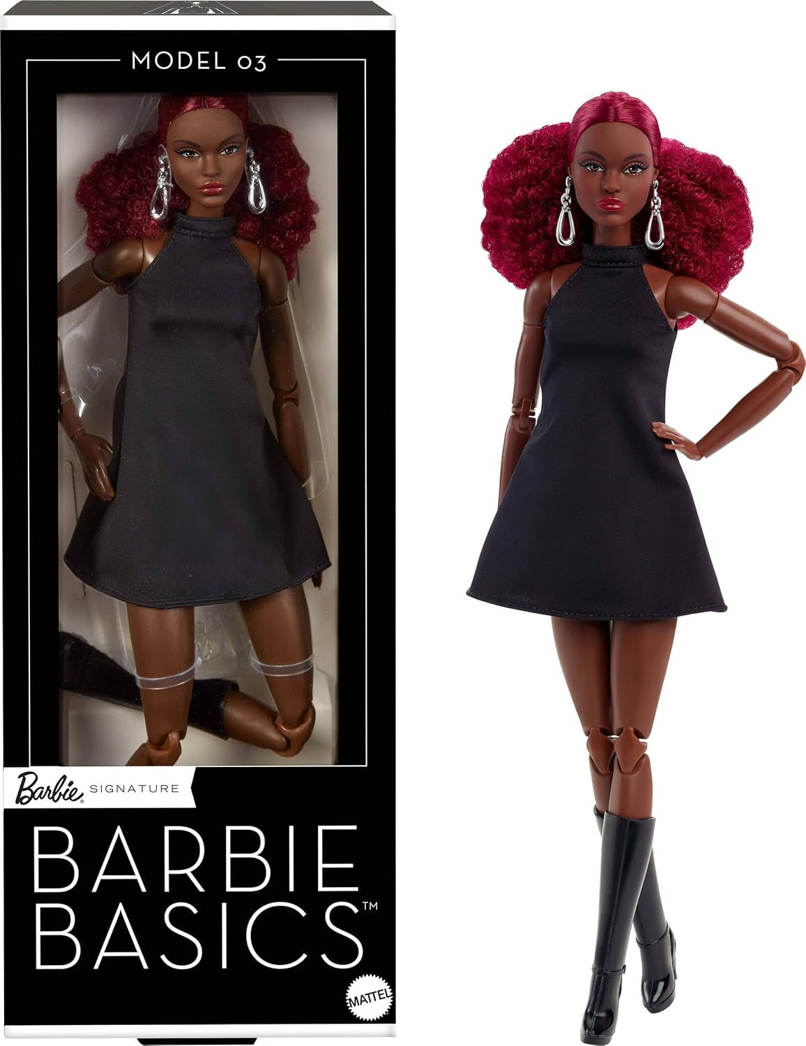 Sběratelská panenka Barbie Basics Model 3 s červenými kadeřemi, černými minišaty a botami, jedna velikost pro každou módu, velké kloubové tělo a výměnná hlava, JBH75