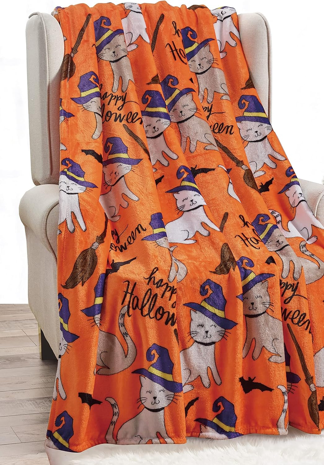 Elegantní komfortní téma Halloween lehká deka, měkká, příjemná a plyšová, ideální pro odpočinek v tomto strašidelném období, 127 x 152,4 cm, lůžka a přikrývky z lebky a kostí Elegantní pohodlné halloweenské kočky 50 x 60