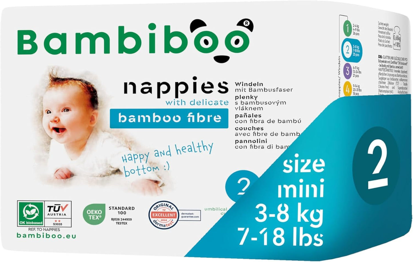 Mini jednorázové plenky Bambiboo Skin Friendly s měkkým bambusovým vláknem Pupeční otvor - Plenky pro novorozence - Jednorázové plenky pro novorozence - Ochrana pokožky - Velikost 2, 25 ks