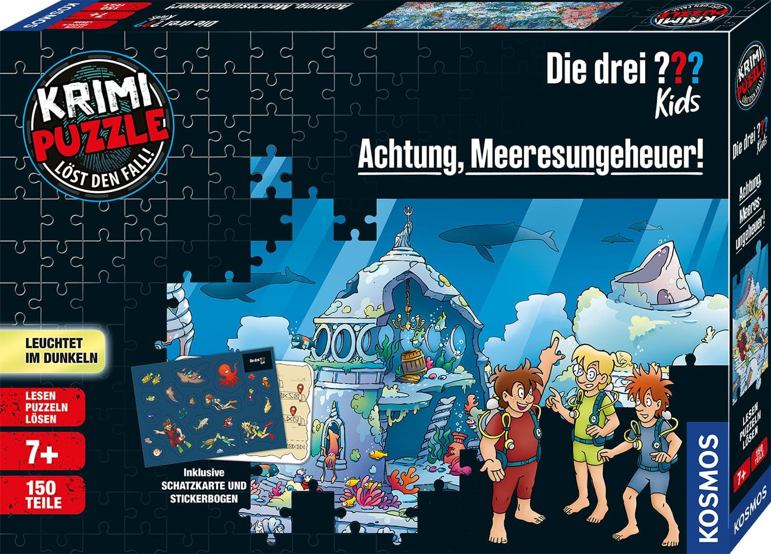 Die Drei??? Děti - Krimi puzzle - Pozor na mořskou příšeru Od KOSMOS 680664, 150 dílků, Záře ve tmě, Čtení, skládačky, řešení hlavolamů, detektivní puzzle pro děti od 7 let Puzzle Naty Shop Výchozí název