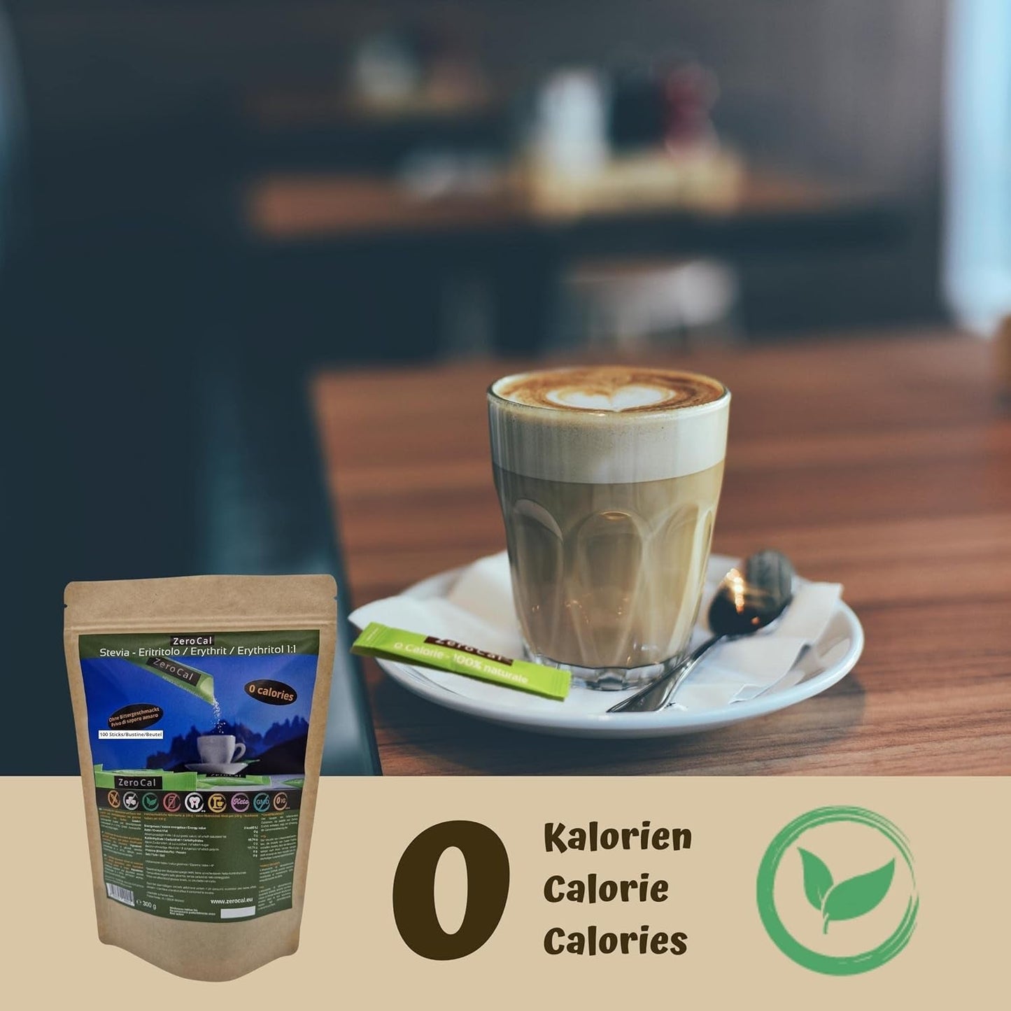 Zerocal - 1:1 (Erythritol + Stévie) 100 tyčinek Je 3 G | Ideální pro slazení kávy, čaje a dalších nápojů Gleiche Süßkraft Von Zucker | Bezlepkové, Veganské, Bez GMO | Kalorie a GI = 0 Sladidla Naty Shop