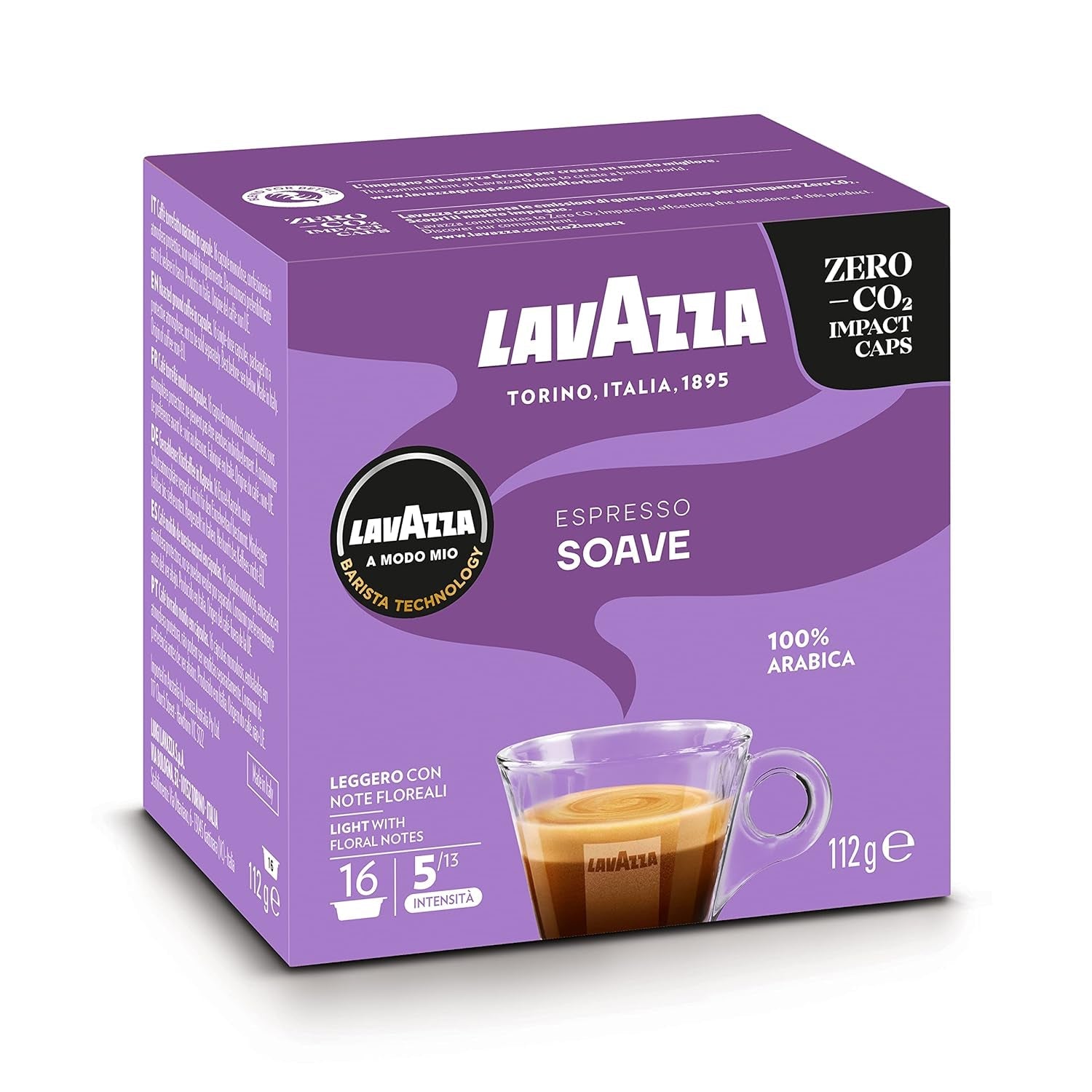 Lavazza, A Modo Mio Soave 256 Kaffeekapseln, für einen leichten und eleganten Espresso s aromaticschen Noten von Blumen, 100% Arabica, Intensität 5/13, medium Röstung, 16 Packungen mit je 16