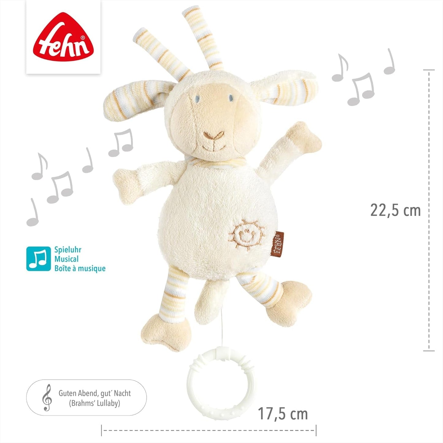 Fehn music box baby sleep aid ovečka - plyšová hračka s nástavcem - uspávací písnička "Brahms lullaby" - dětská hračka na cesty i domů - hudební hračky pro miminka a děti Bebe Naty Shop Toys