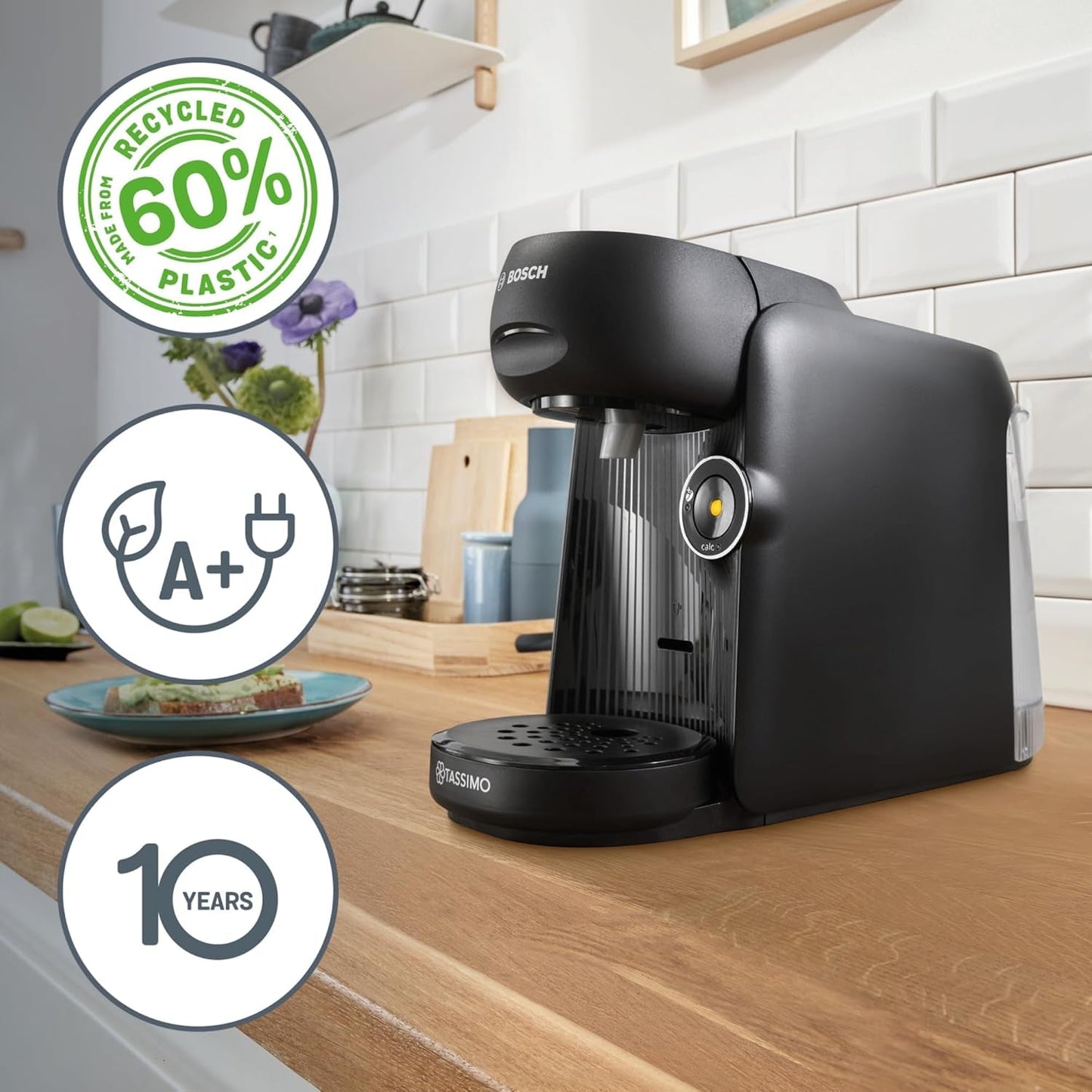 Bosch Tassimo finesse espresso na kapsle TAS162E, 70 nápojů, intenzivnější káva stisknutím tlačítka, automatické vypínání, udržitelné, perfektní dávkování, 1400 W, černá/černá