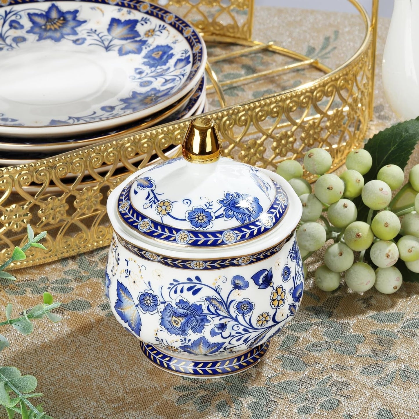 Porcelánová čajová souprava Fanquare Modrý květ s kovovým stojanem Vintage porcelánový šálek na kávu a podšálek Anglická kávová souprava pro dospělé