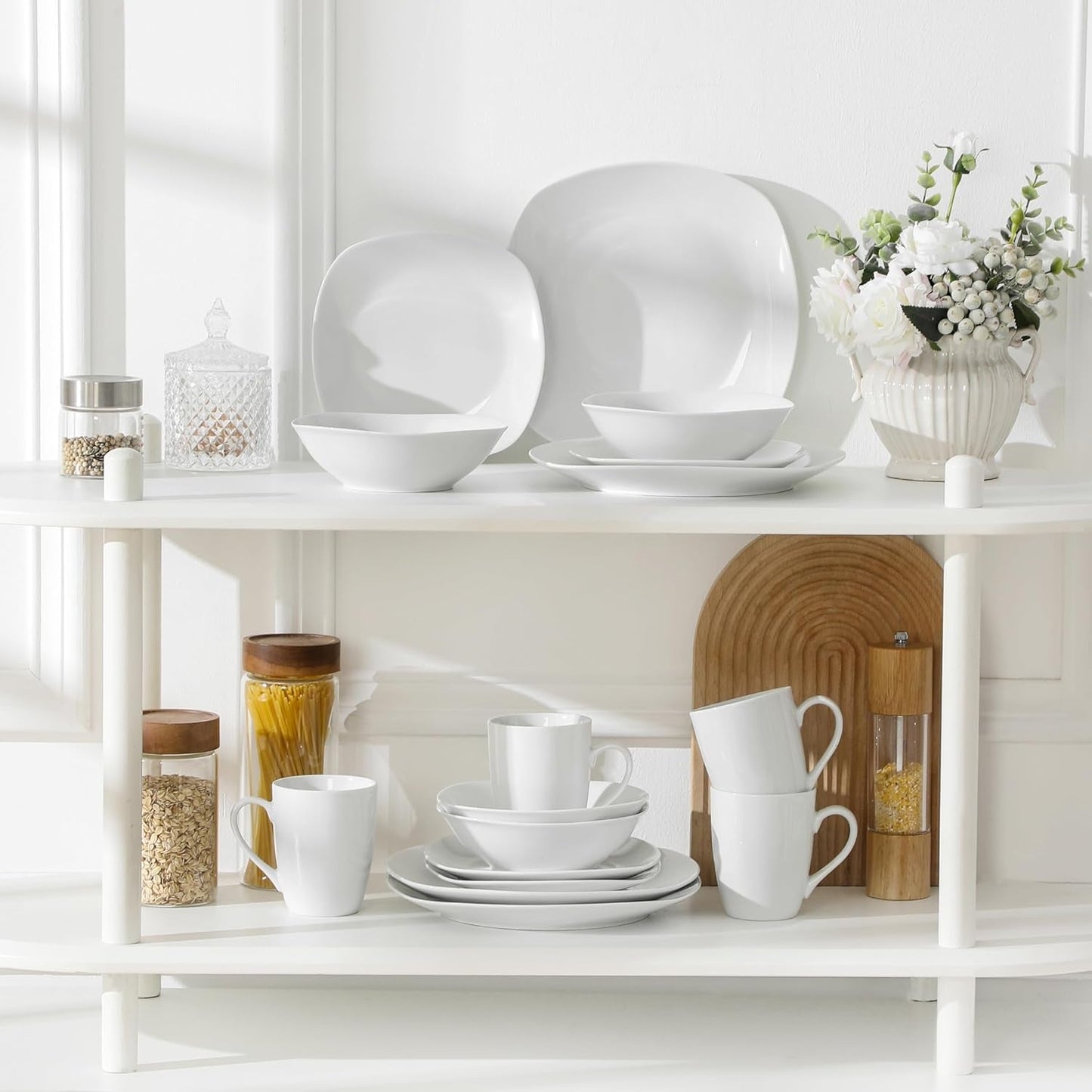 Sada nádobí MALACASA pro 4, 16dílné bílé porcelánové nádobí, moderní sada nádobí se 4 talíři, dezertními talíři, talíři a šálky Suma, řada ELISA