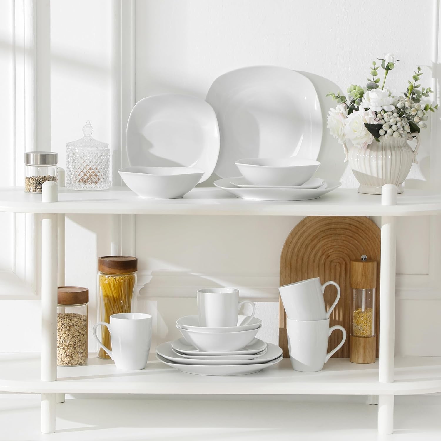 Sada nádobí MALACASA pro 4, 16dílné bílé porcelánové nádobí, moderní sada nádobí se 4 talíři, dezertními talíři, talíři a šálky Suma, řada ELISA