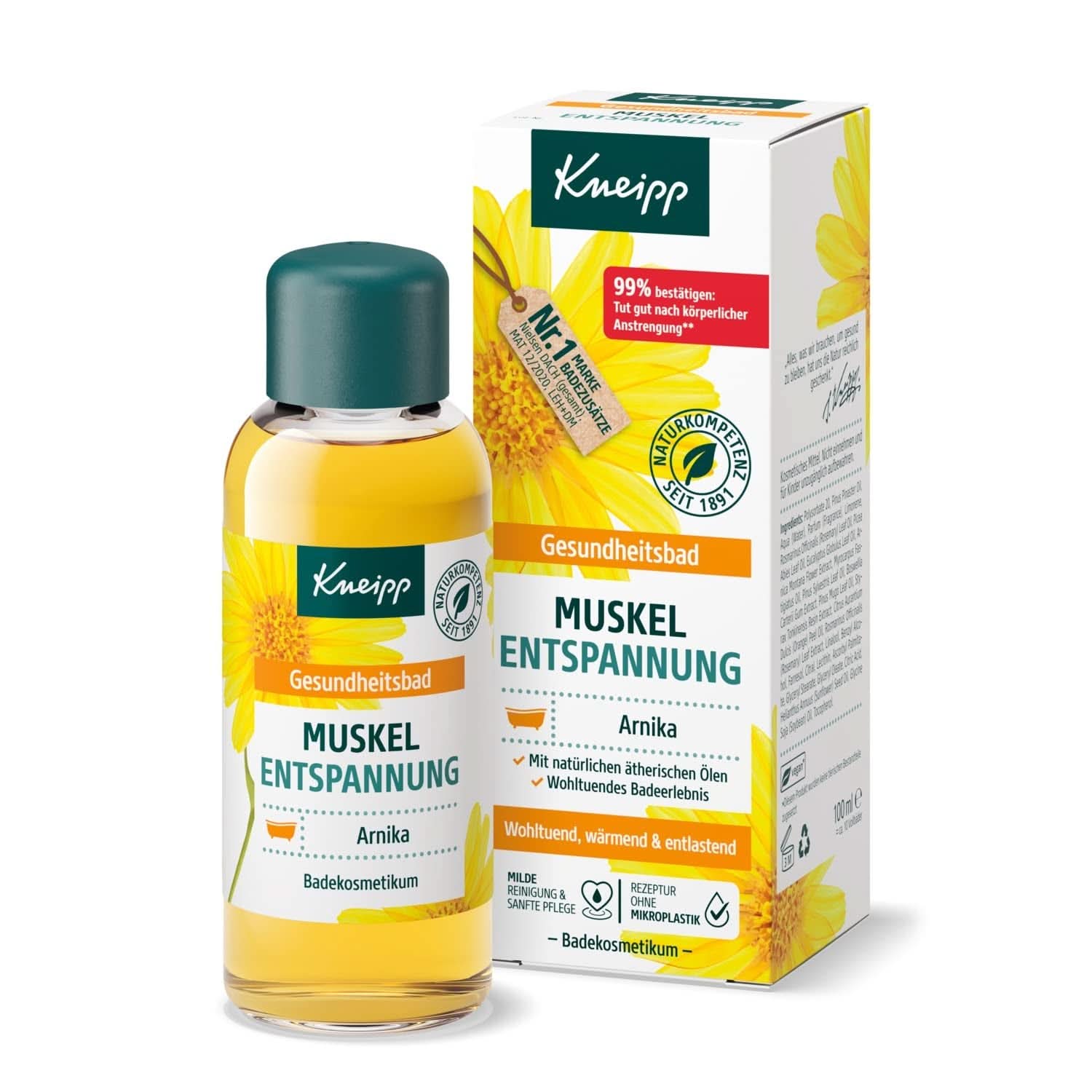 Kneipp zdravotní koupel, Svalová relaxace, Koupelový olej s extraktem z arniky a esenciálními oleji z druhů Cabreuva, Rozmarýn a Pinus, revitalizuje a léčí po fyzické námaze, 100 ml Naty Shop Výchozí název