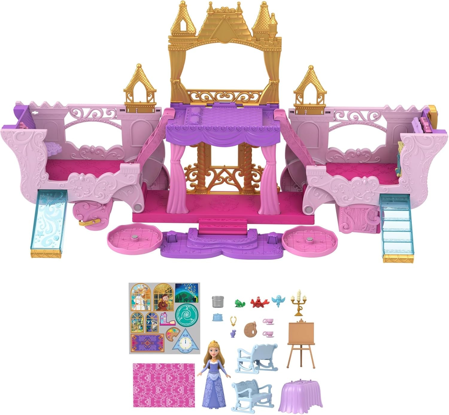 Mattel Disney Princess Transformační herní sada Kočár do hradu s panenkou Aurora, 3 úrovně, 6 herních oblastí, 4 figurky, nábytek a doplňky HWX17 Naty Shop Dolls