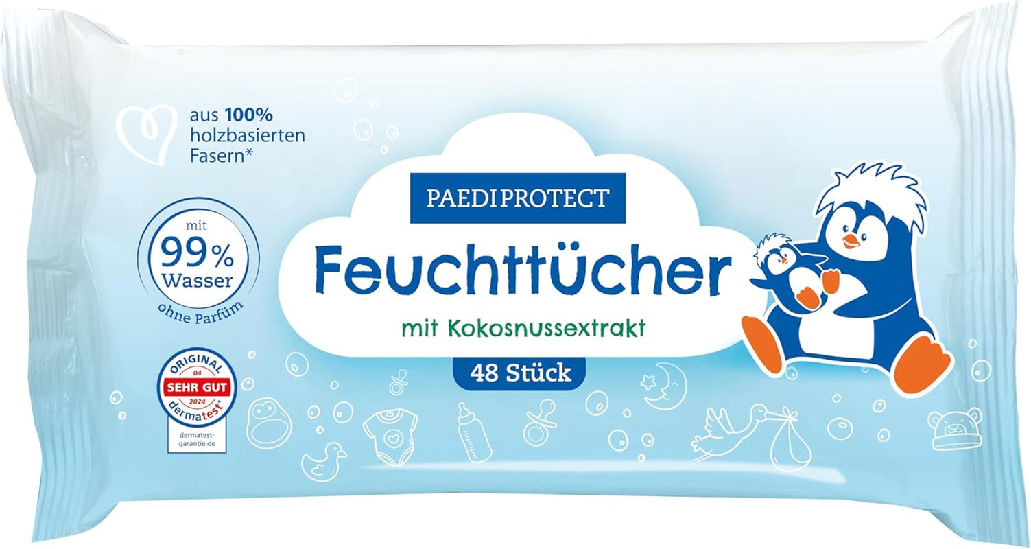 PAEDIPROTECT Baby vlhčené ubrousky 1 x 10 ks Sensitive dětské vlhčené ubrousky 99% vody bez parfemace pro miminka a děti Jemná pokožka Kokosový extrakt bez mikroplastů Vegan (5 balení)