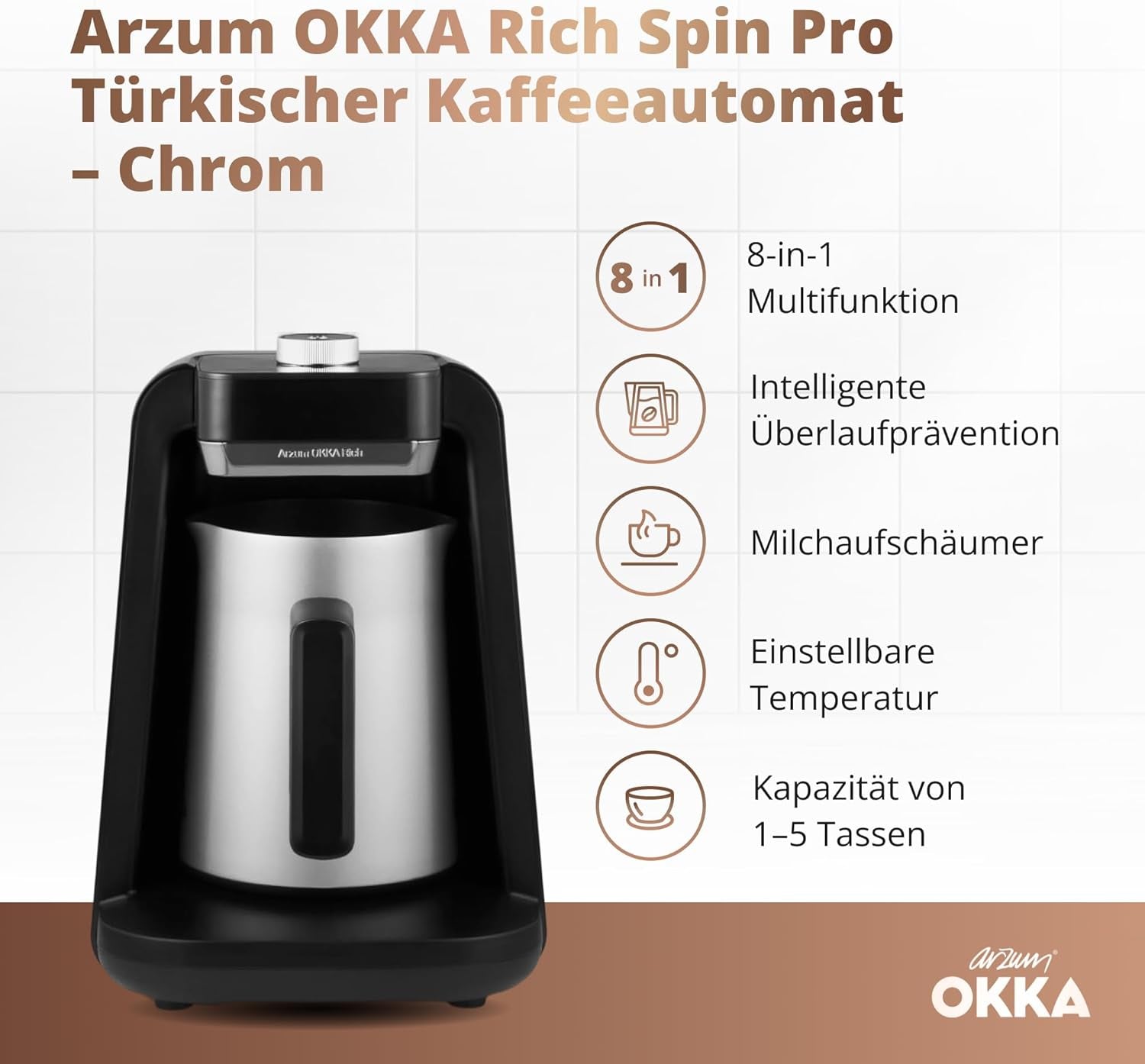TURECKÝ KÁVOVAR Arzum OKKA RICH SPIN PRO (chrom)