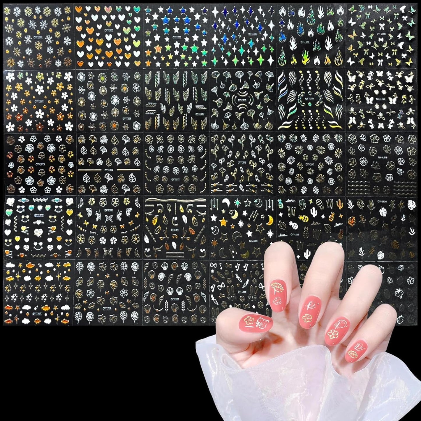 3D Nálepka na nehty Aurora 30 Blatt Gold Nálepka na nehty Selbstklebend Nagelaufkleber Holografisches Stern Herz Dekoration Nageldesign Zubehör