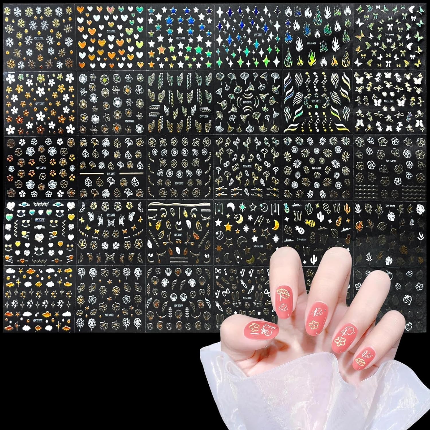 3D Nálepka na nehty Aurora 30 Blatt Gold Nálepka na nehty Selbstklebend Nagelaufkleber Holografisches Stern Herz Dekoration Nageldesign Zubehör