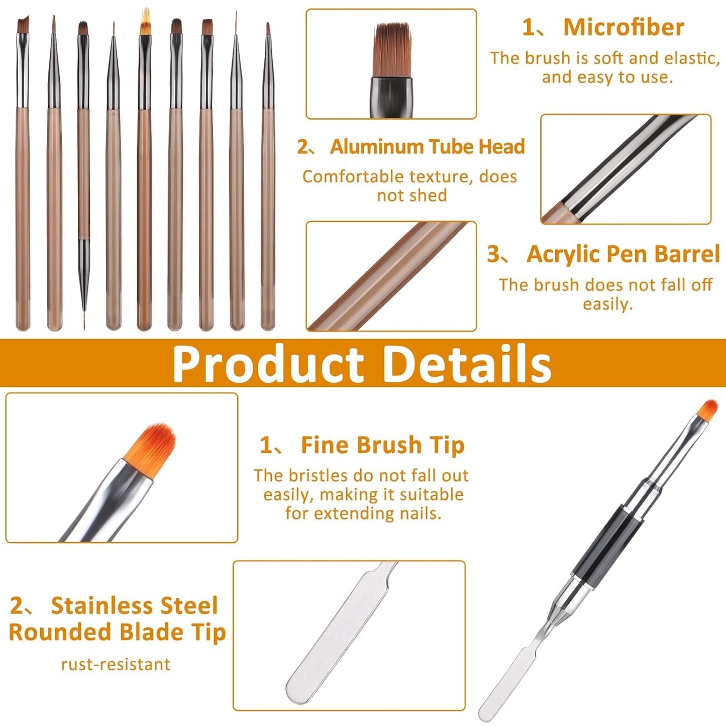 10 Stück Nailart Pinsel Set, štětce Braun Nail Art Pinsel Nageldesign Pinselfür Gelnägelfür Heimwerker Maniküre Salon Zuhause Set pinsel