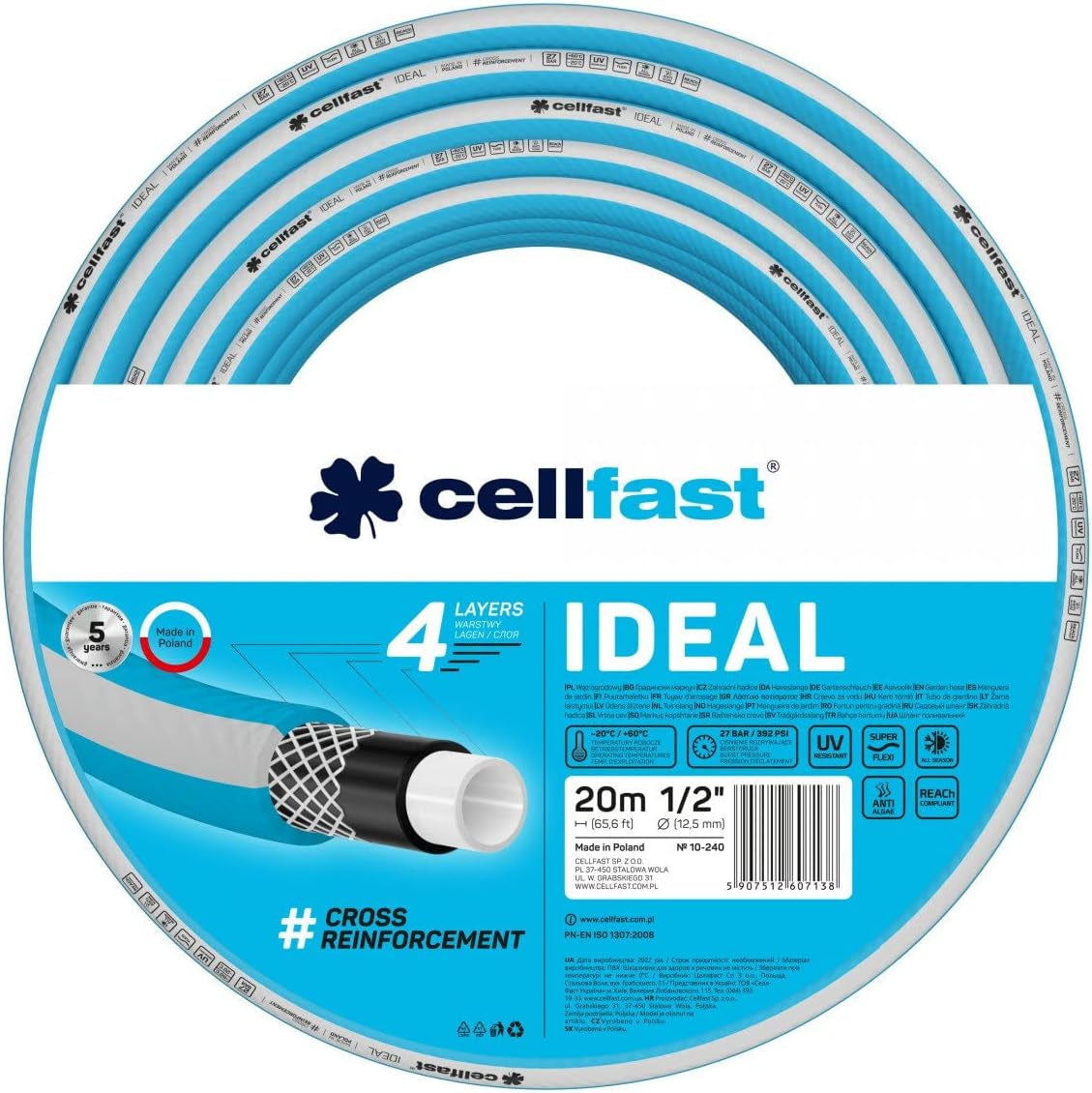 Zahradní hadice Cellfast IDEAL, Odolná, Flexibilní, 4 vrstvy, Odolný křížový oplet, odolná proti UV záření a řasám, Technologie REACH, 27 bar, -20/+60° krátkodobě 1/2", 20m