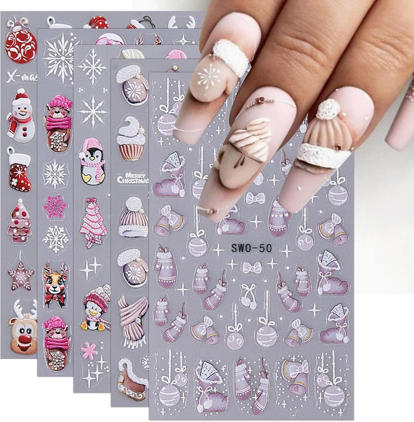 JMEOWIO Nagelsticker Weihnachten 6 Blatt Nail Art Sticker Selbtklebend Nagelaufkleber Schneeflocke Winter Urlaub Süß Dekoration Nageldesign Zubehör