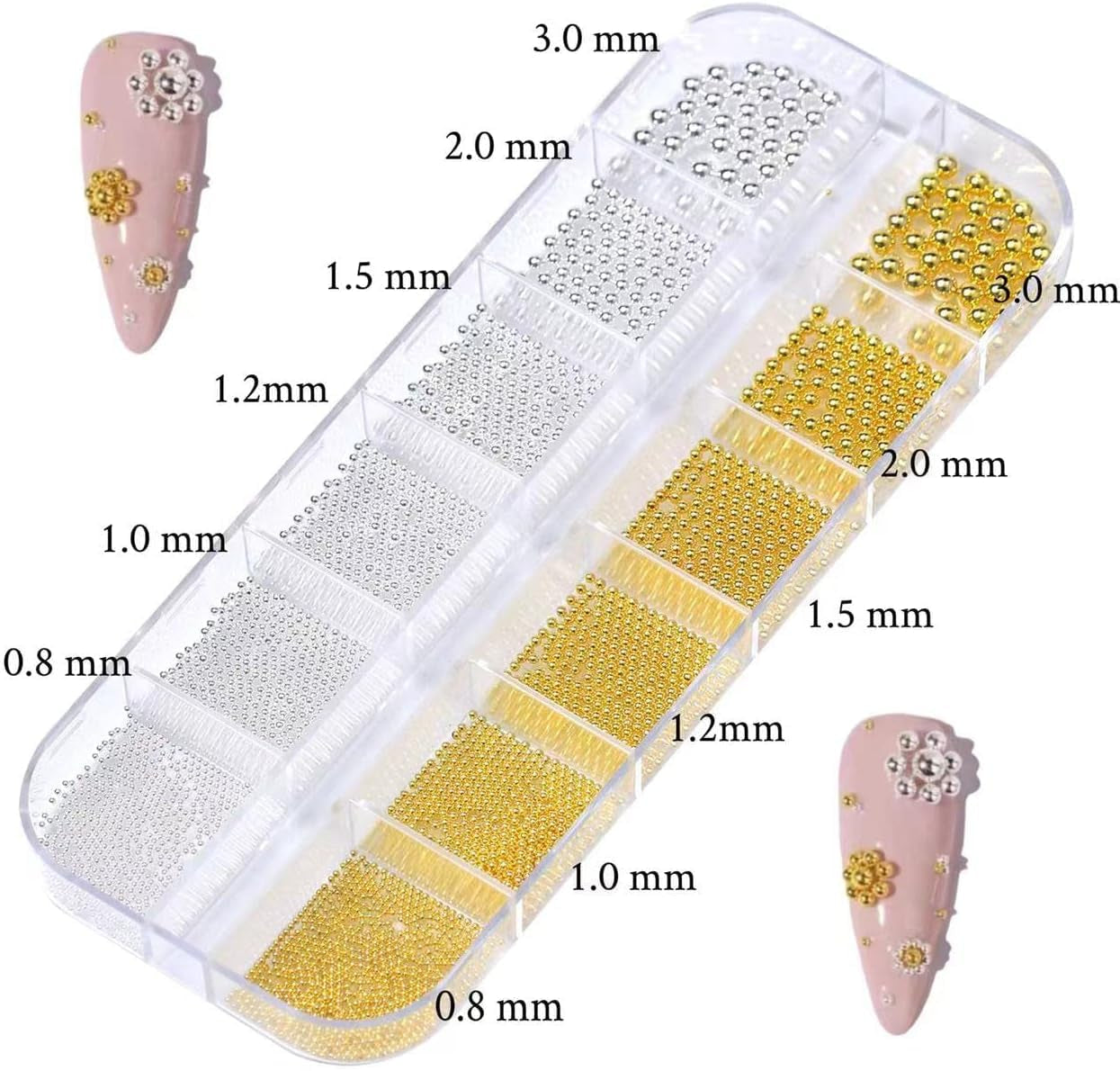 GZMAYUEN Nail Art Perlen Micro Caviar Für Nägel, 0,3-3 mm Goldene Silber Mini Caviar Strasssteine, Weiß Béžový Mini Nägel Perlen Mikroperlen Dekor Für Nägel