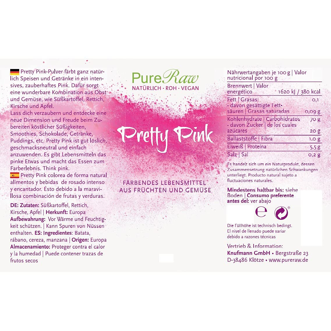 Pretty Pink Natürliche Lebensmittelfarbe Pulver Rosa (Roh Vegan) Pastel Rose Bis Intensiv Rosa-Rot - Essbare Farbe Für Lebensmittel Aus Früchten Und Gemüse - Přírodní potravinářské barvivo | Pureraw 5G Naty Shop