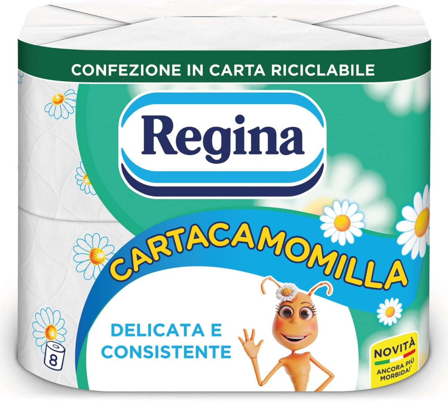 Regina Cartacamomilla – 8 rolí toaletního papíru, 300 načechraných listů, 3 vrstvy, měkký a pevný, obal z recyklovatelného papíru